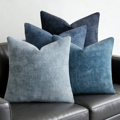 Set Of 4 20X20 Inch Blue Chenille Throw Pillow Covers, Coastal Farmhouse Boho Accent For Sofa