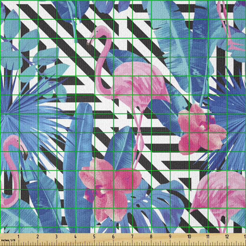 Dequavius Tropic Pink Flamingos and Orchid with Blue Floral Plant Jungle Palm Multi-Purpose Fabric