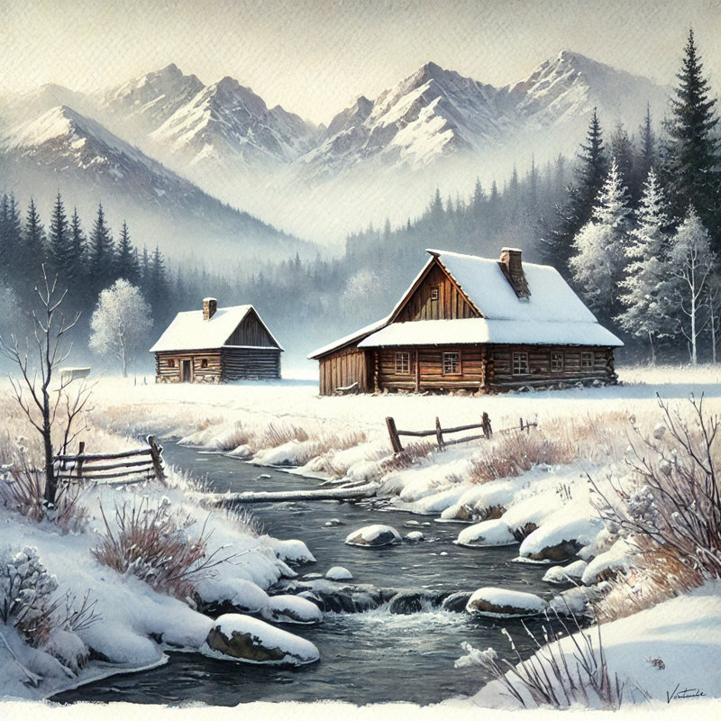 Highland Haven: Rustic Log Cabins by a Winter Stream Canvas Print, 12" H x 12" W x 1" D