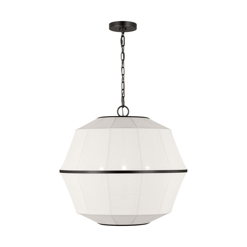 Ellen Degeneres Hikari 5 Light Dining Room Pendant With White Linen Shade, Aged Iron, 86.25" H x 22.125" W x 22.125" D