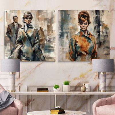 Mid-Century, mode féminine I - Fashion Woman, ensemble d'art mural en acrylique sur verre, 2 pièces