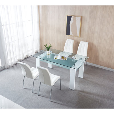 5 Pieces Modern Dining Set, Rectangular Double-Layer Tempered Glass Dining Table With 4 Lattice Design Leatherette Dining Chair -  Hokku Designs, 74CD44CF3A884231AB9B735780BBDAA5