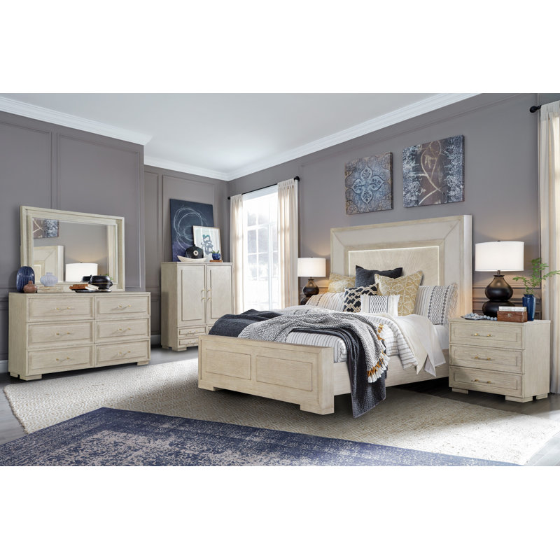 Ensemble de chambre à coucher en bois avec lumières DEL Frese, Roi, 4