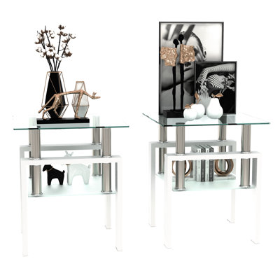 Ensemble de 2 tables basses carrées modernes en verre trempé pour salon, transparentes/blanches, supportant jusqu'à 68 kg, faciles à installer, idéales pour les petits espaces, blanches transparentes, pieds en métal, capacité de charge de 68 kg.