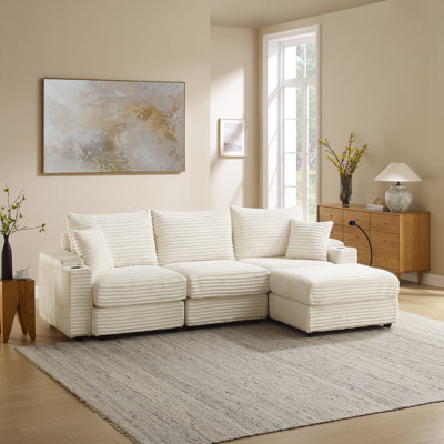 Ensemble de canapé 4 places en L en velours côtelé - avec ports de charge USB, supports pour téléphone et accoudoirs de rangement multifonctionnels