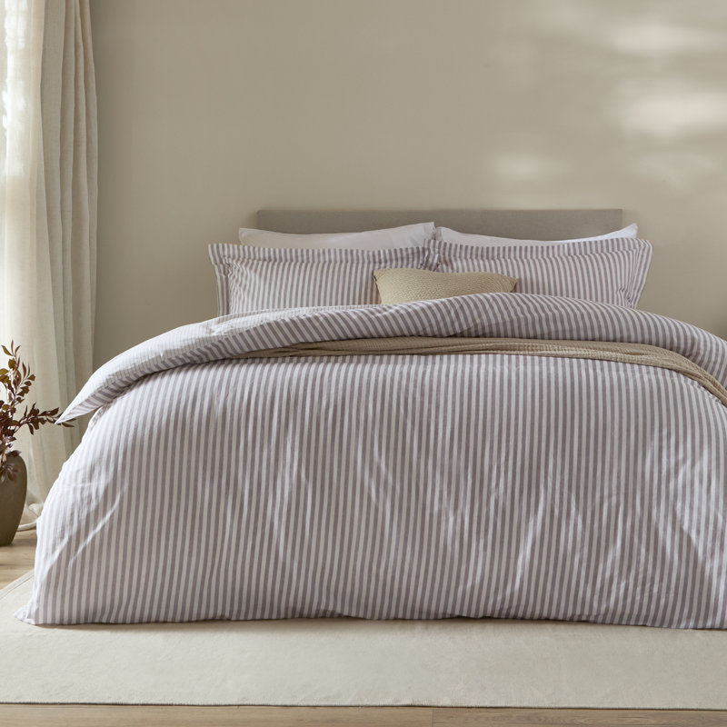 Hebden Cotton Striped Duvet Cover Set, Purple, Double Duvet Cover Set + 2 Pillowcases 