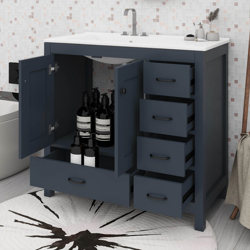 Meuble-lavabo 36 po avec lavabo en céramique, armoire de rangement abondante, 2 portes à fermeture douce et 5 tiroirs, Bleu