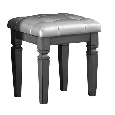 Tabouret de coiffeuse moderne gris avec bouton - Similicuir et coussin en mousse pour la chambre à coucher, 17 po de largeur, 18,75 po de hauteur, assemblage simple en cuir matelassé de finition, 17 po x 17 po