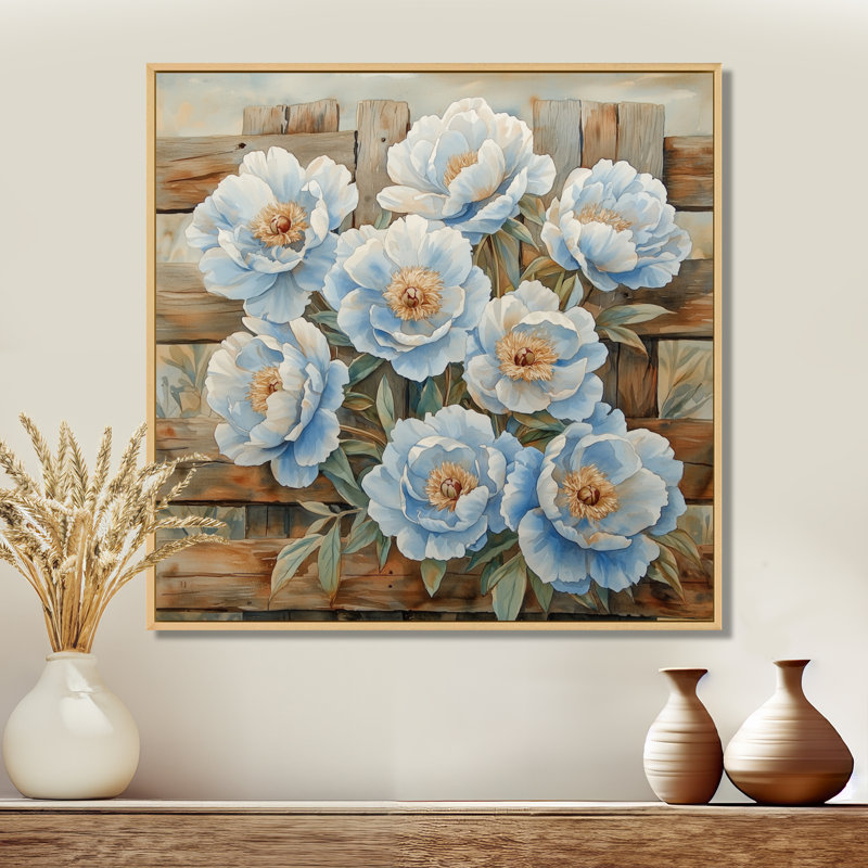 Grandes pivoines bleues près de la ferme I - pivoines, art mural, H 30 po x l 30 po, Impression encadrée flottante, Crème
