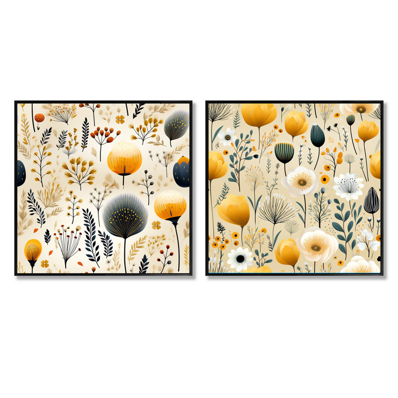 Elyne - Ensemble de 2 collages carrés botaniques abstraits, Cadre flottant noir, H 36 po x l 73 po