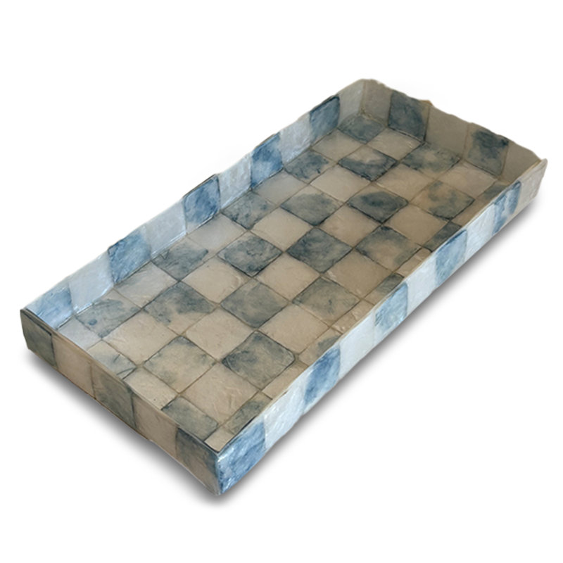 Gold Check Capiz Vanity Tray, 1" H x 10" W x 5" D, Blue, Rectangle