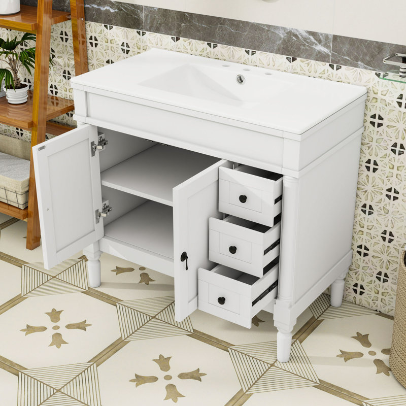 Meuble-lavabo avec lavabo en céramique, 3 tiroirs et tablette réglable, Blanc