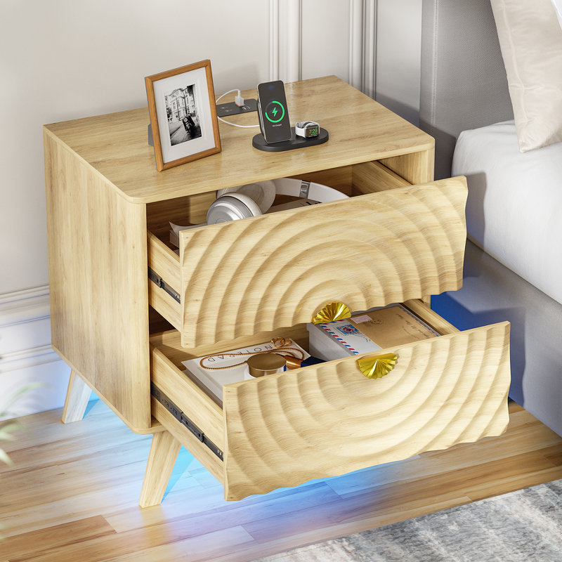 23.6'' W 2-Drawer Nightstand With Built-In Outlets And Human Sensor Light, Oak