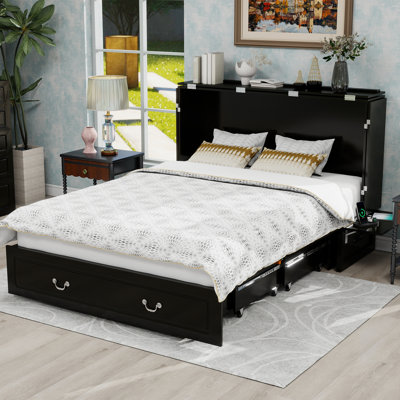 Modern Queen Murphy Bed with Storage & Built-in Charging Station - Space-Saving, Mattress Included, Black