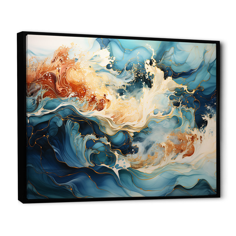 Liquide bleu et or tempête océanique I sur toile, Cadre flottant noir, H 34 po x l 44 po x P 1,5 po