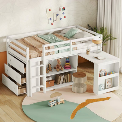 Lit mezzanine simple avec armoire à tiroirs, armoire à tablettes et bureau à tiroirs, lit mezzanine en bois d'hévéa avec barrière de sécurité, échelle