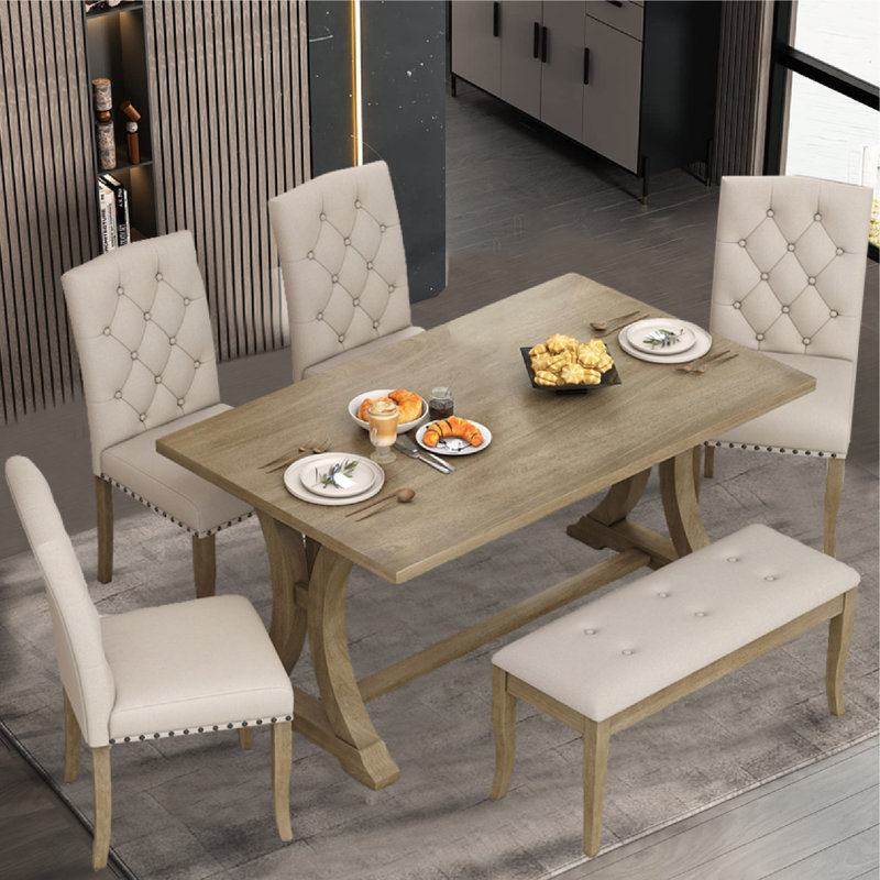 6 - Person Trestle Dining Set, Natural Wood Wash, Natural Wood Wash, Beige/Natural Wood Wash