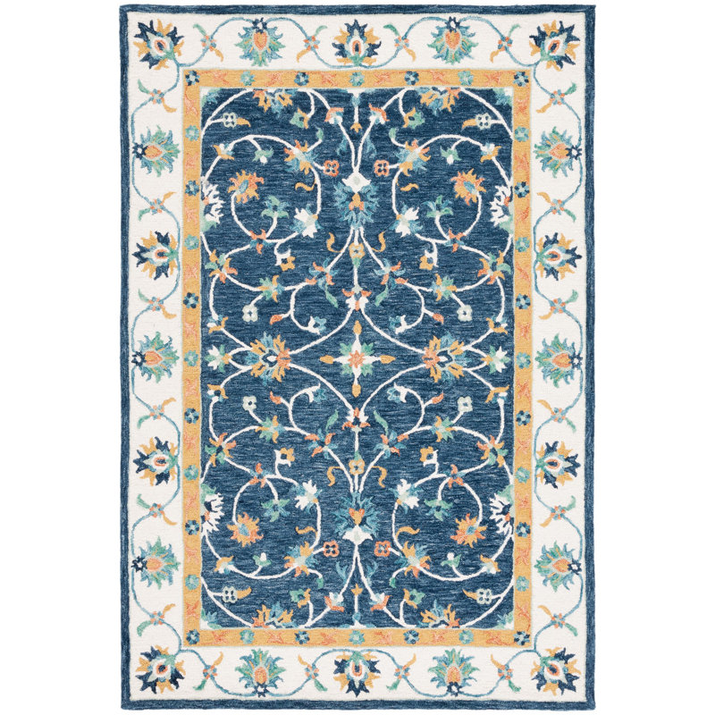 Rosalna Oriental Handmade Tufted Wool Blue/Ivory/Yellow Area Rug, Rectangle 4' x 6'