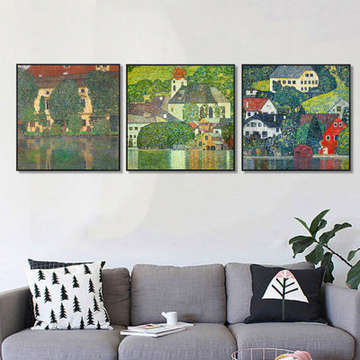 Ensemble de 3 toiles encadrées par Gustav Klimt Wall Art Series # 14 Living Home Office Office Decorations