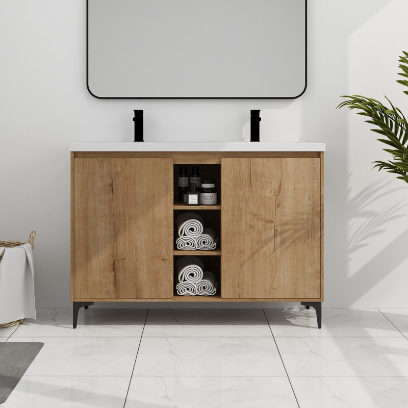 Brezhane 48-Inch Freestanding Bathroom Vanity with Double Resin Sinks & Triple Open Storage – Modern Design for Spacious Organization