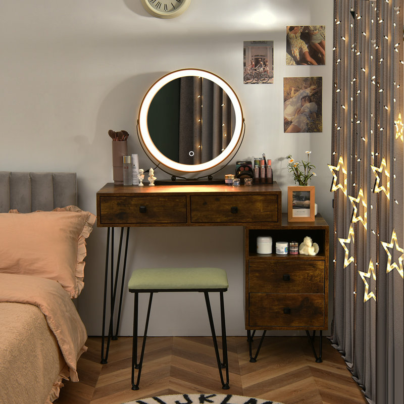 Vanity Table Stool Set with Mirror, Brown/Black