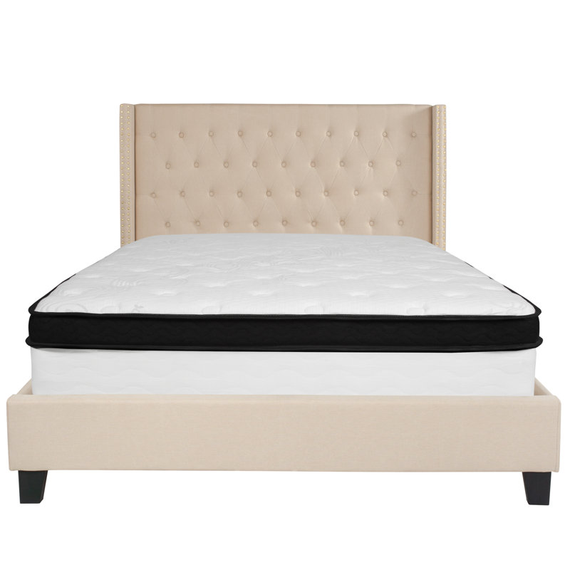 Aluino Tufted Upholstered Platform Bed w/ Memory Foam Pocket Spring Mattress, Beige, Twin