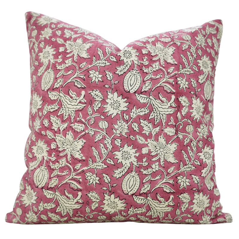 Housse de coussin en mélange de lin fabriqué à la main Fabividine - coussin imprimé en bloc pour canapé, Manikarnika, rose