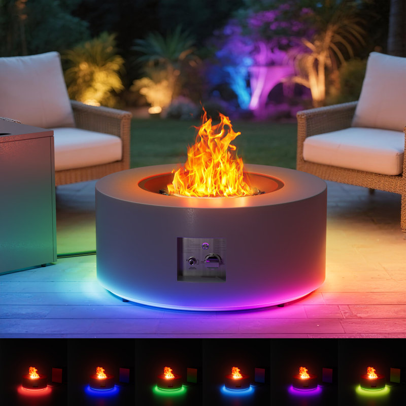 30" Propane Gas Fire Pit Table Outdoor Round Firepit Outside Patio Deck Garden Backyard LED with RGB Light Strip, Gas Fire Table, 50,000 BTU Burner and Tank Storage