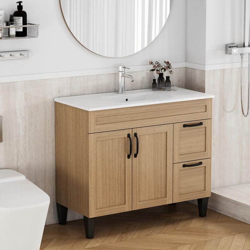 Meuble-lavabo de 100 cm avec lavabo intégré, style moderne, 2 portes, 2 grands tiroirs, fermeture amortie, poignées et pieds en métal noir