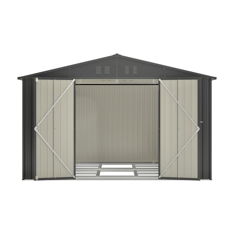 Remise de rangement extérieure en métal 10 pi x 8 pi avec portes verrouillables, remise à outils toutes saisons en acier galvanisé pour la cour, le patio et la pelouse - Noir
