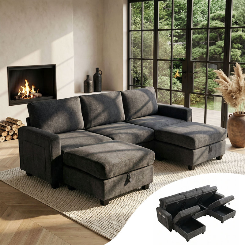 235 cm Storage Sofa with 2 Storage Ottoman, Grey