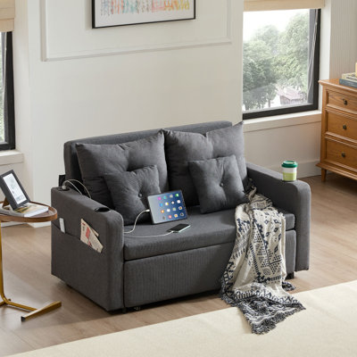 56" 3 in 1 Square Arm Sofa Bed Convertible Loveseat Pull-Out Sleeper Sofa Couch with USB and Cup Holders by Ebern Designs