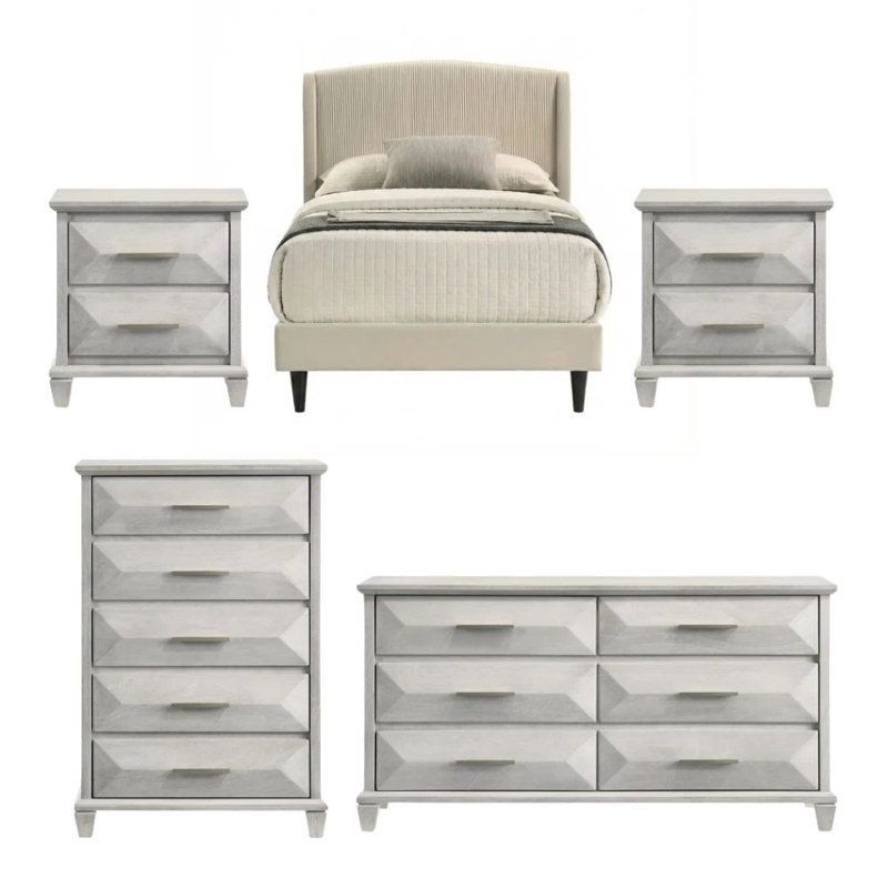 Clarence Contemporary 5 Pieces Bedroom Set, 5 Pcs: Bed, 2 Dressers, 2 Nightstands, Twin