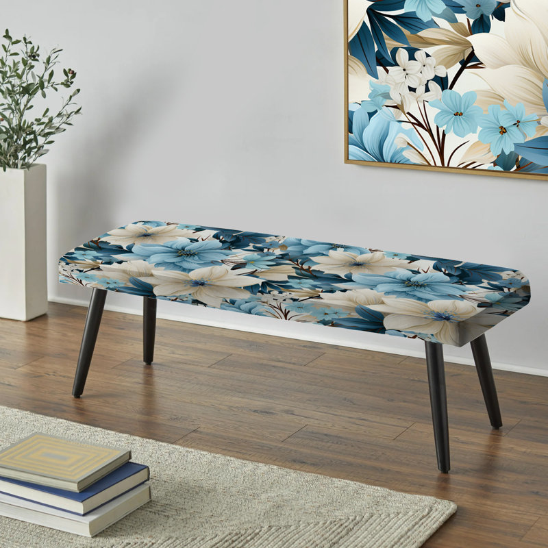 Banc rembourré floral noir Truong, Blue Coastal Harmony Floral Pattern II
