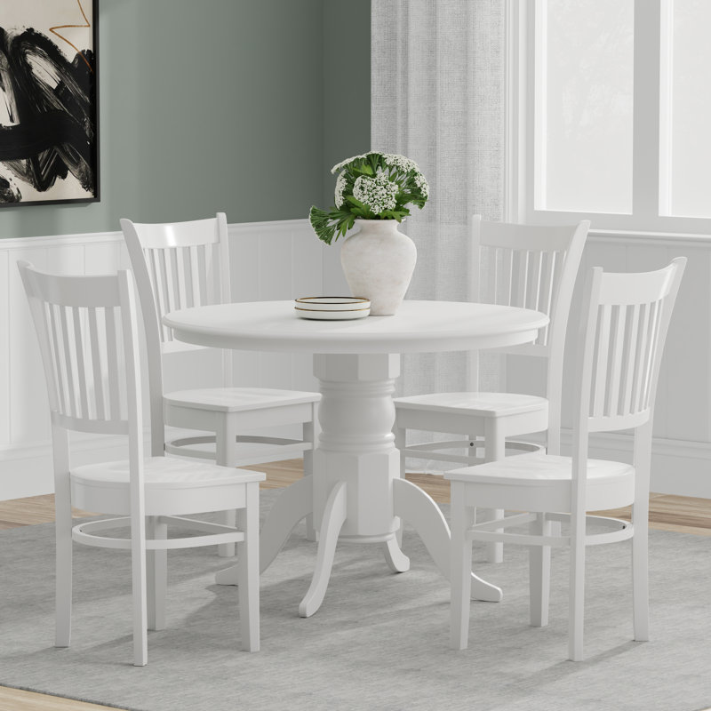 Solid Wood Top Pedestal Dining Set, White, White, 5 Piece Dining Set