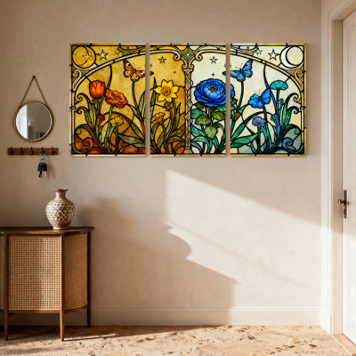 Stained Glass Floral and Butterfly Set of 3 Canvas Wall Art Prints