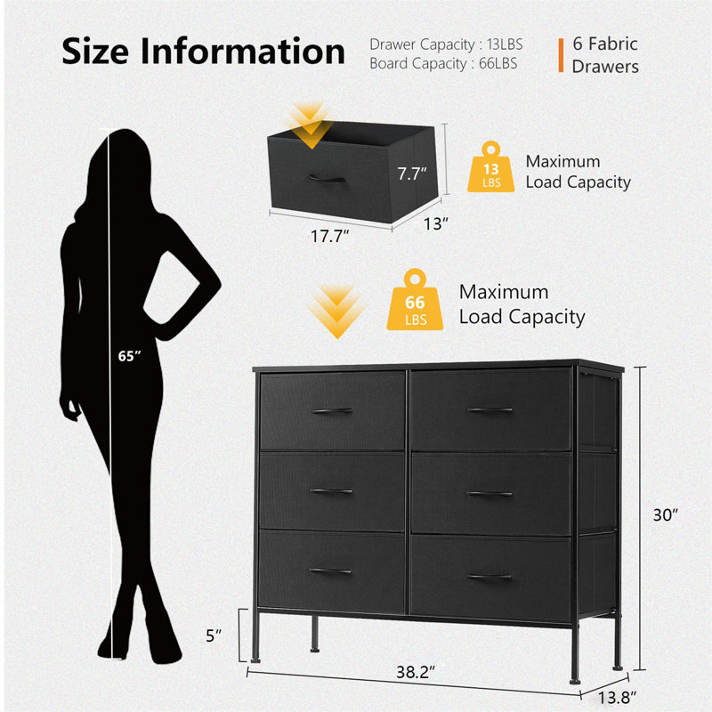Dresser With 6 Fabric Drawers, Tall Dresser For Bedroom, Large Dresser Fabric Chest For Living Room, Gray