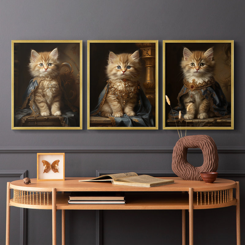Série royale d'animaux LXV - ensemble de 3 estampes numériques encadrées - prêt à être accroché, Doré, H 10 po x l 8 po