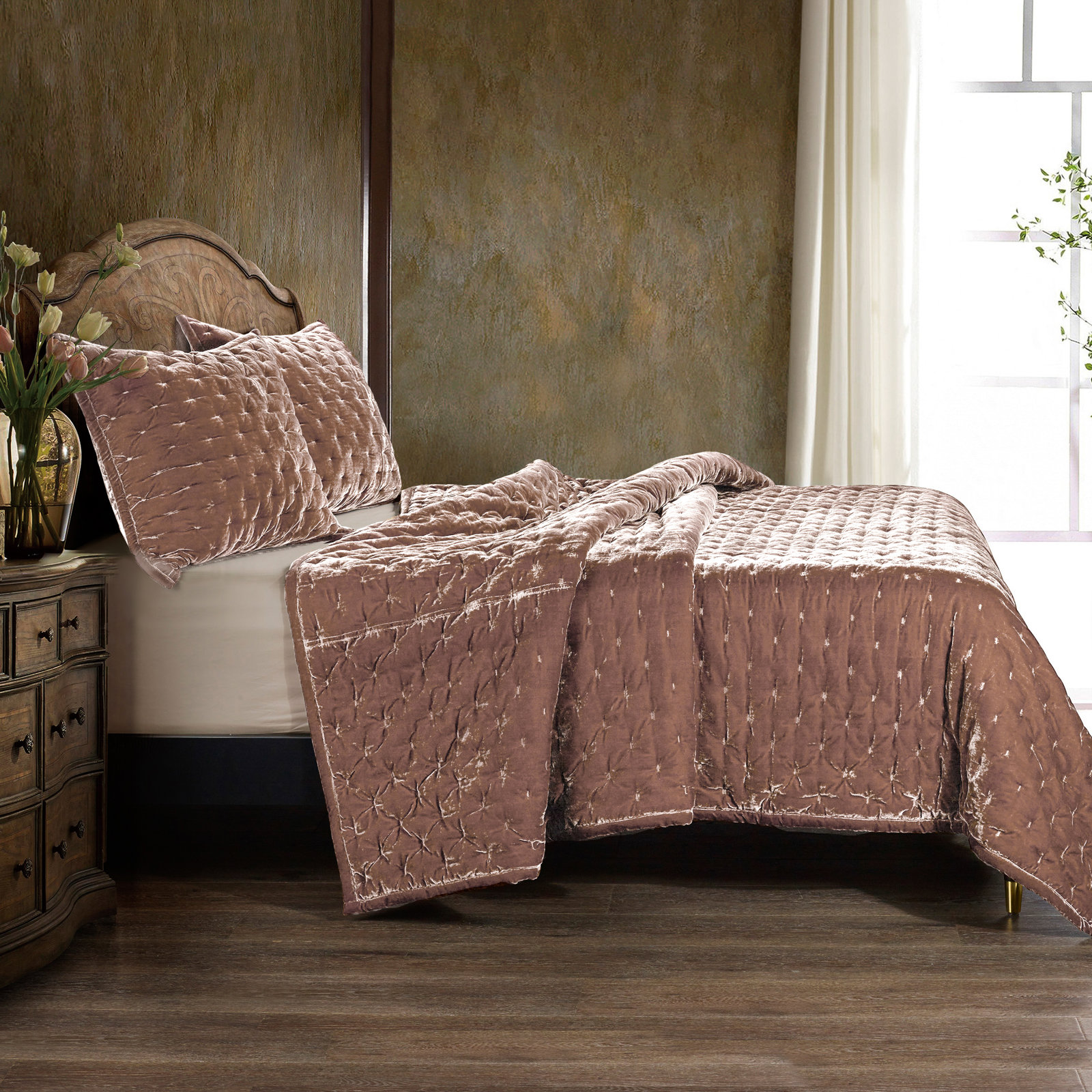 Stella Velvet Quilt Set, Queen Quilt + 2 Standard Shams, Dusty Rose