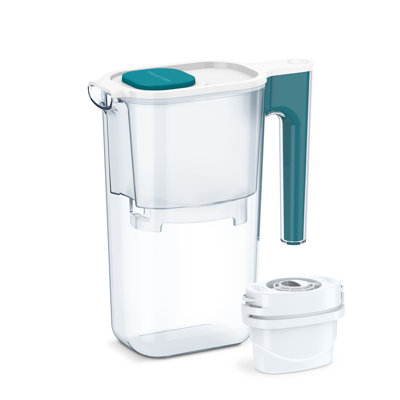 Pichet à filtre à eau parfait pour 6 tasses par Aqua Optima, ergonomique, élimine les éclaboussures et les déversements, sans BPA, certifié Wqa, comprend 1 filtre à eau Evolve +, bleu