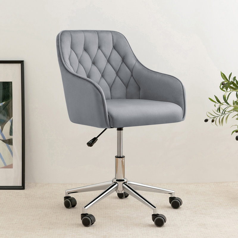 Marcus Velvet Desk Chair Vanity Chair for Makeup with Wheels Rolling Swivel Chair for Bedroom, Gray