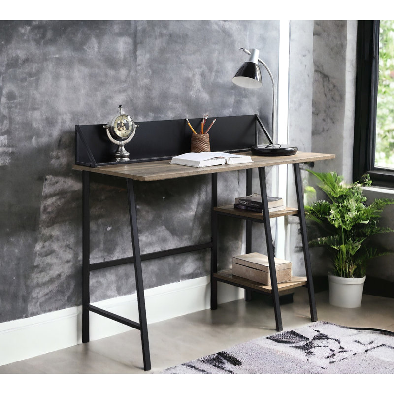 Bureau rustique en chêne et noir avec 2 tablettes de construction pour le rangement rectangulaire