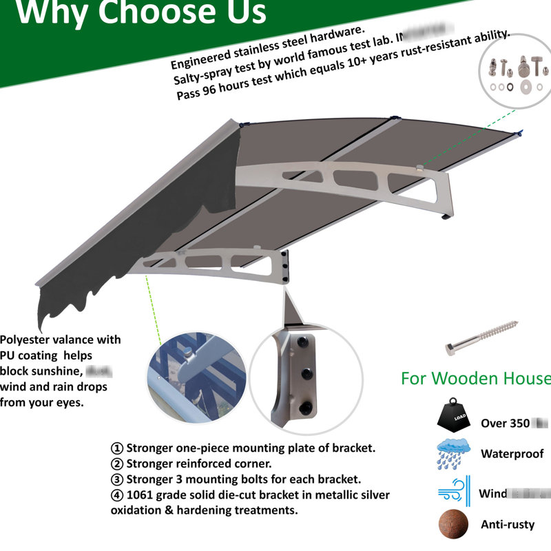 59" Wide Awning Canopy - 34" Deep Heat Polycarbonate For Wooden House Door Window 59"x34" Sheet Stable Brackets