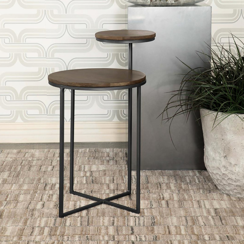 2 tables d'appoint de style rustique - bois de manguier naturel et base bronze industriel