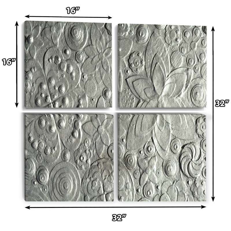 «Silver Flower Embossing - Floral Canvas Wall Art», ensemble de 4 pièces