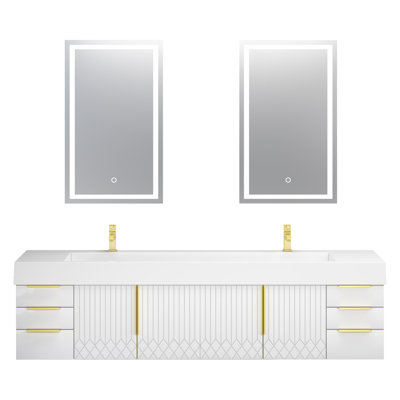 Meuble-lavabo flottant 84 po avec double lavabo en acrylique renforcé blanc brillant Milana