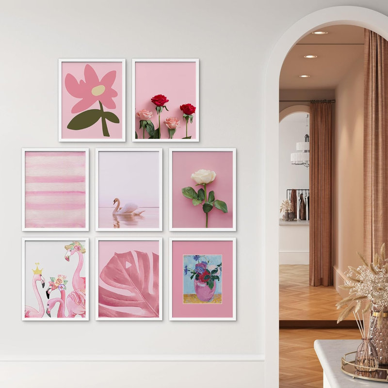 Cygne rose, flamant rose, botanique, fleur, rose, Monstera, formes abstraites encadrées sur papier, impression de 8 pièces