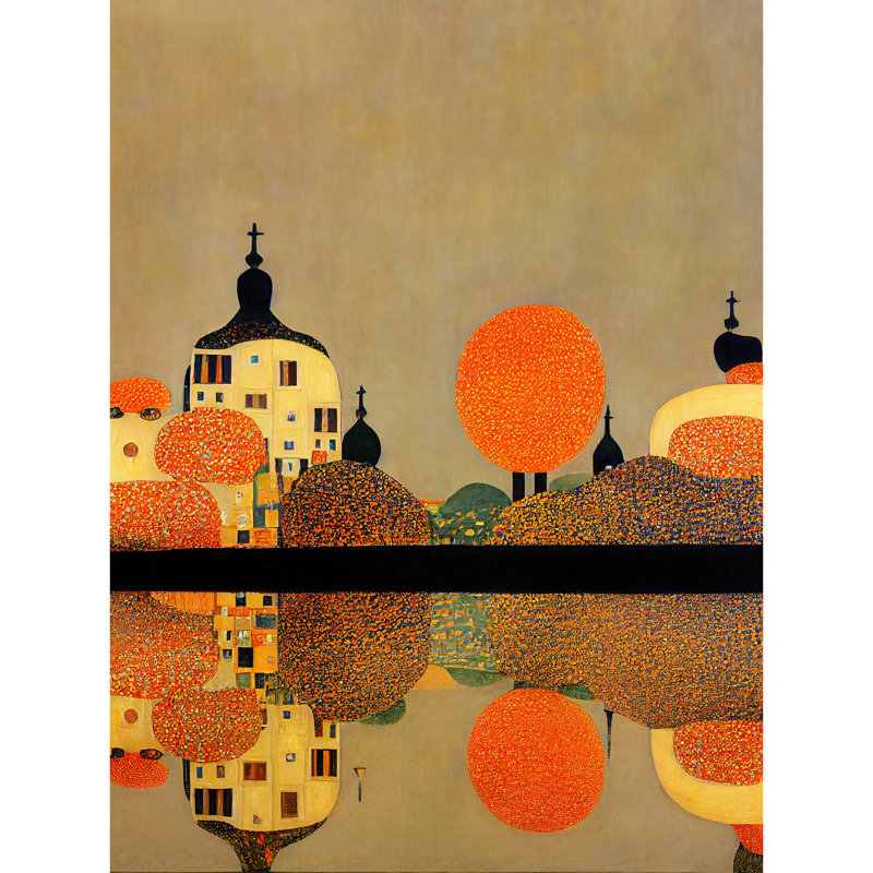 Klimt Style Autumn Lakeside Town Church - Print, Unframed, 40.5cm H x 30.5cm W x 0.2cm D