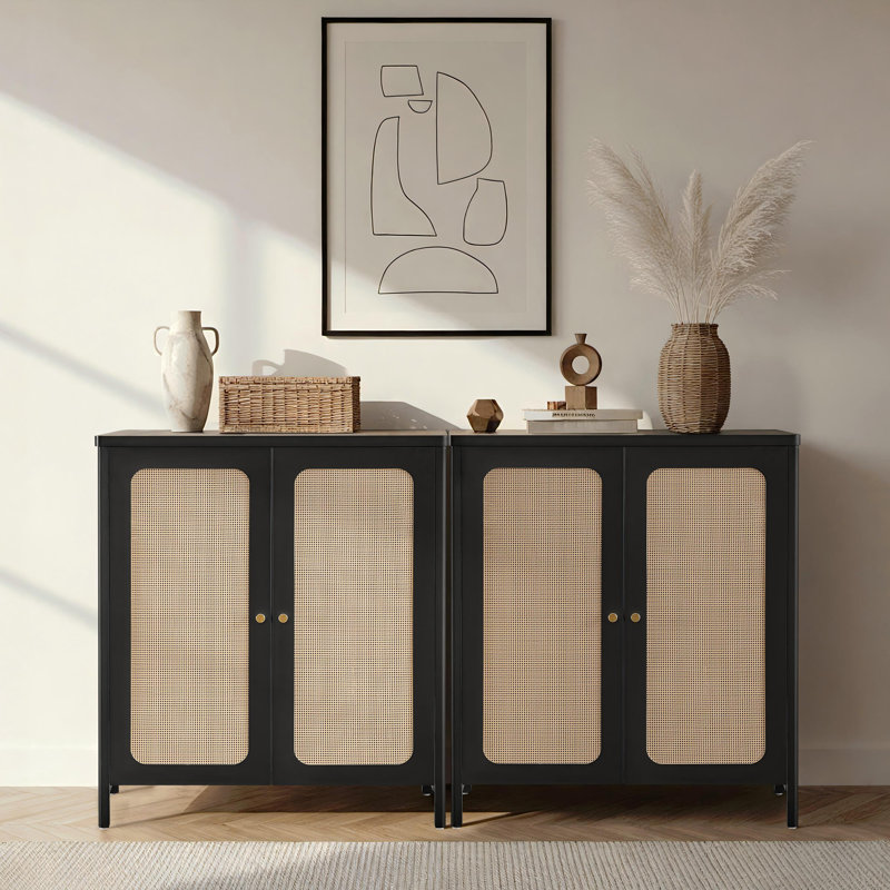 63" W Modern Sideboard Buffet Cabinet  With Rattan Doors And Adjustable Shelves(Set Of 2), Black
