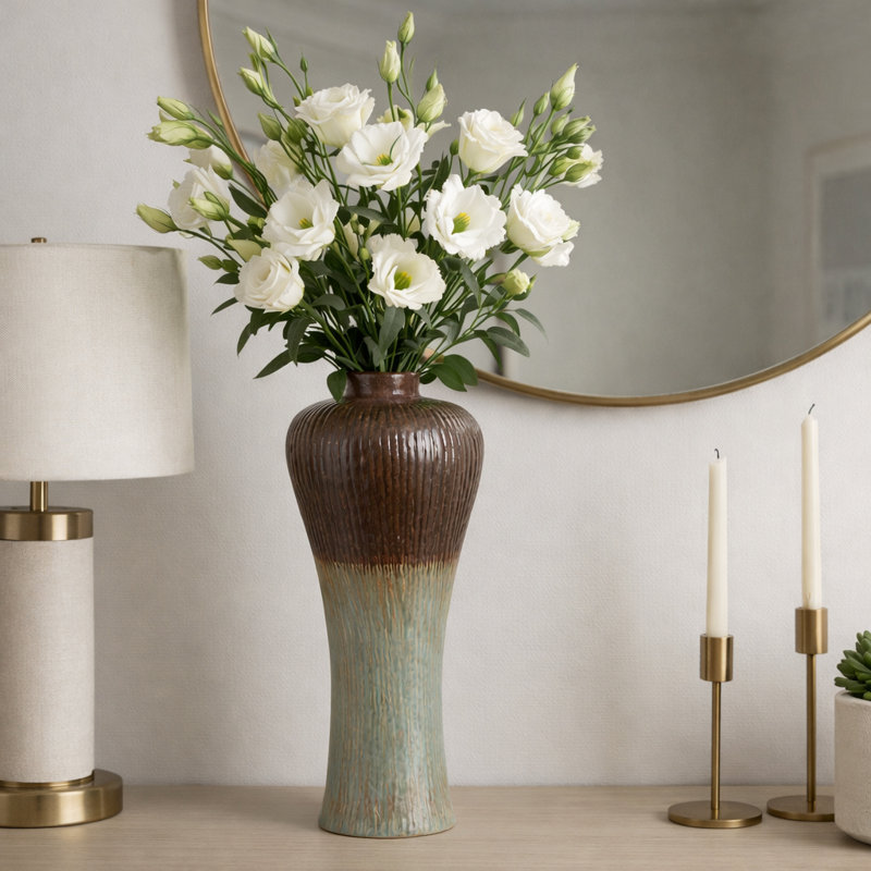 Krystaline Modern Sculptural Stoneware Vase with Ribbed Texture and Elegant Silhouette, Glamorous Decorative Accent for Contemporary Interiors, Sleek Artisan-style Tall Design for Stylish Home Decor Appeal